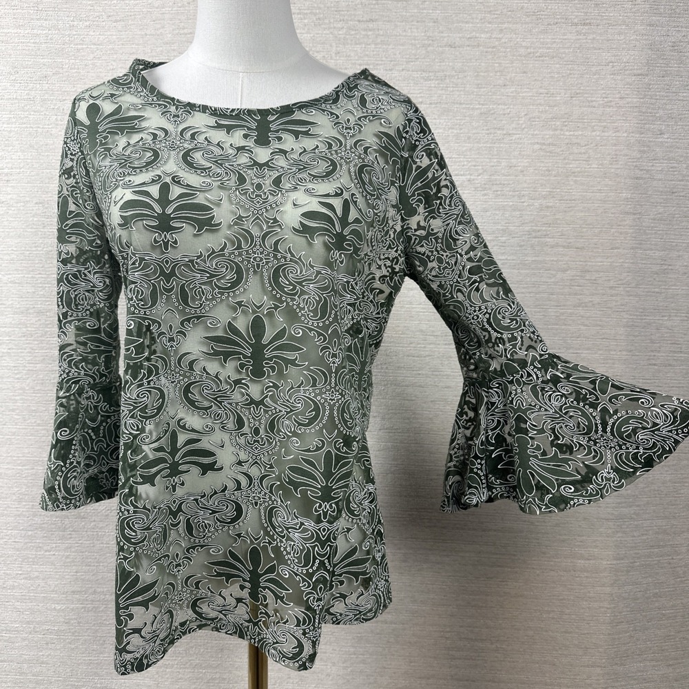 NY Collection Sheer Mesh Tunic Top Large Green Boho Paisley Overlay Chic Grandma